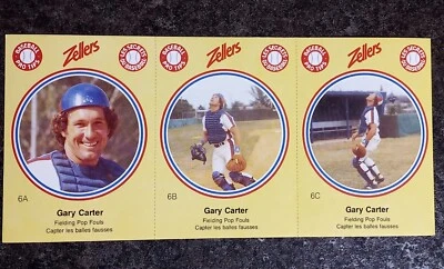 1982 Zellers Gary Carter Montreal Expos Uncut Panel Of 3 Cards, Panel 6, EX - Image 1 of 4