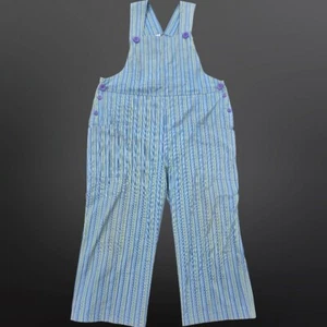 Vintage 90s April Cornell Overalls Size XL Cropped Ankle Drawstring Blue Striped - Picture 1 of 9