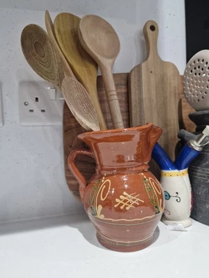 spanish hamd made  pottery terrocata jug pitcher untensil holder hand painted  - Image 1 of 4