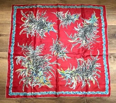 BUFANDA VINTAGE AÑOS 50 MEDIADOS DE SIGLO DISEÑO MODERNO ROJO AGUA AZUL ENROLLADA A MANO Foto 1 de 4