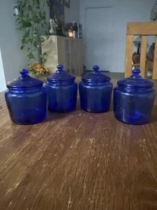 Juego de 4 frascos de boticario de vidrio azul cobalto vintage Indiana Glass Montana Blue  - Imagen 1 de 8