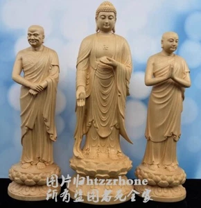 3 Stück Buchsbaum geschnitzt Buddha Statue Ananda Maha Kassapa buddhistische Skulptur Dekor - Bild 1 von 5
