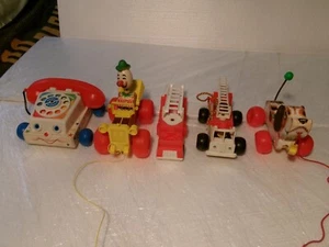Lot 5 Vintage Fisher Price Pull Toys Jalopy Snoopy Telephone Fire Engine Truck - Picture 1 of 12