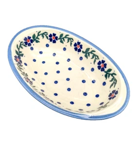 Polish Pottery 8.25” Oval Dish Blue Flowers/Red Centers & Greenery Boleslawiec - Picture 1 of 7
