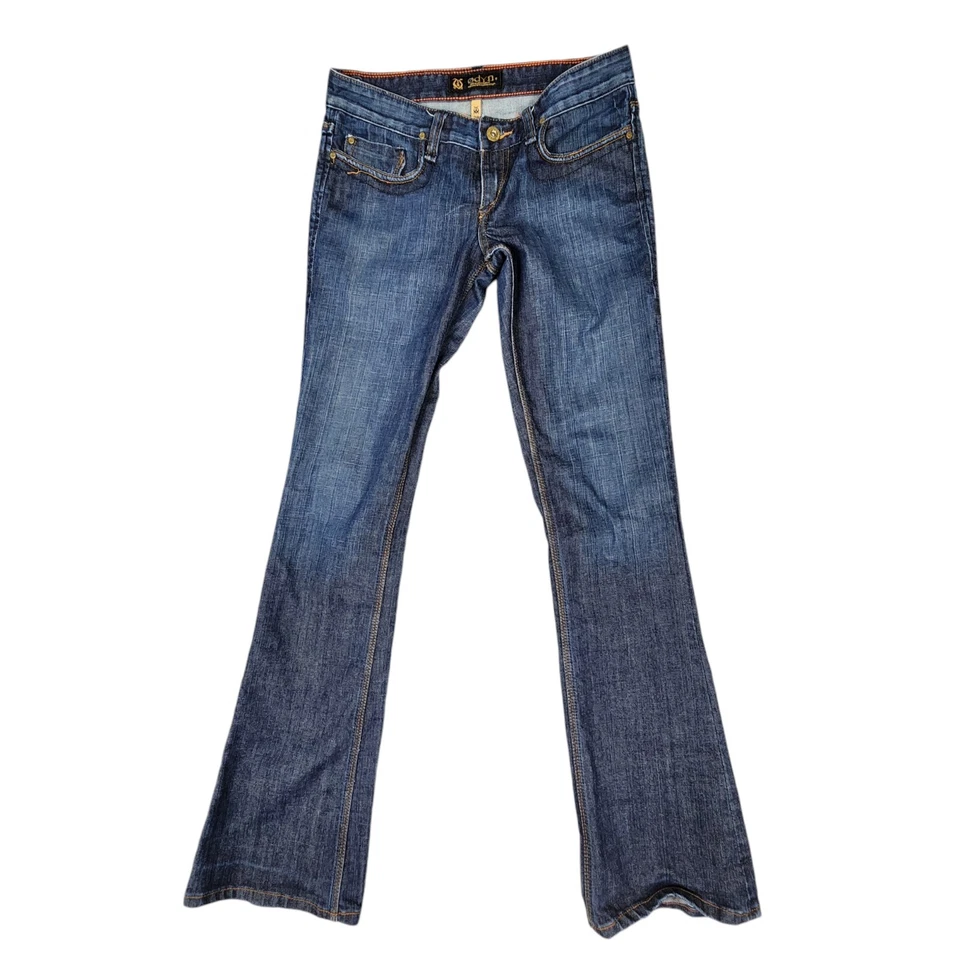 Pantalones de mezclilla Odyn Bootcut para mujer talla 28 lavado oscuro tiro bajo Foto 1 de 4