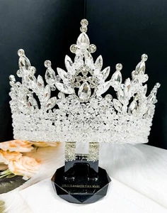 Classic Silver Crown, Royal Wedding Crown, Clear Crystal Crown, Beaded XL Crown - Picture 1 of 9
