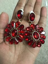 2.5" Big Red Gold Dangle Rhinestone Prom Long Crystal Pageant Earrings Clip On