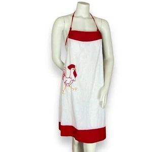 Vintage Rooster Apron White Red Embroidered Appliqued Retro Kitchen Tie Waist - Picture 1 of 9