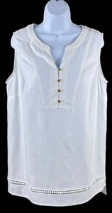 Gloria Vanderbilt 100% Linen Sleeveless V Neck  Shirt Crochet Detail Sz L White - Picture 1 of 8