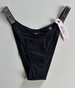 Victorias Secret Swim Bikini Bottom Black Logo Shine Strap Sexy Brazilian NWT - Picture 1 of 5