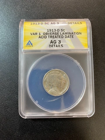 1913 D BUFFALO NICKEL MINT ERROR ANACS AG-3 DET - OBV LAMINATION - SLABBED - 5C Cover