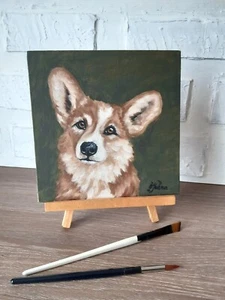 Pintura Corgi Mascota Arte Original Perro Lienzo Pintura al Óleo 8 por 8 Animal Arte de Pared - Imagen 1 de 8