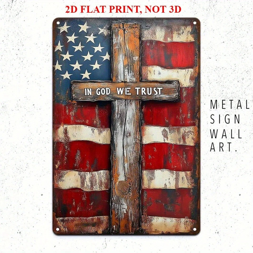 TIN SIGN American Flag with Cross Patriotic Sign Rustic Distressed Metal Decor - Image 1 of 4