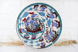 16'' Turkish Iznik Tile Ceramic Plate, Galleon Ship, 40 cm Wall Hanging Plate - Picture 1 of 8