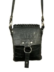 VTG 60S 70S BLACK CROCODILE SILVER STUDDED LEATHER O RING CROSS BODY BAG - Picture 1 of 5