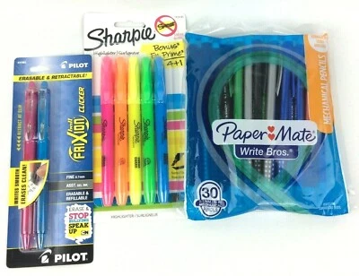 Material escolar de oficina 1 bolígrafo de gel azul 1 rosa 0,7 mm 5 resaltadores 30 lápices Foto 1 de 4