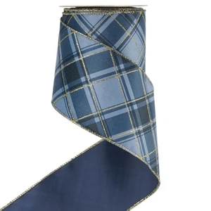 Blau kariert Weihnachten Drahtband 4 Zoll blau und gold kariert Samt Ribbo... - Bild 1 von 9