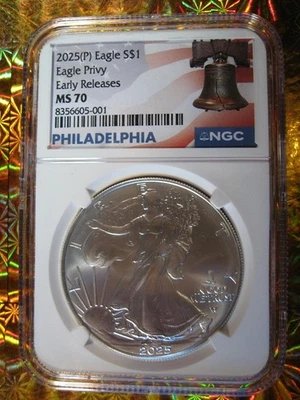 2025 (P) Silver Eagle with EAGLE Privy NGC MS 70 Early Releases GREAT COLLECTOR - Image 1 of 4