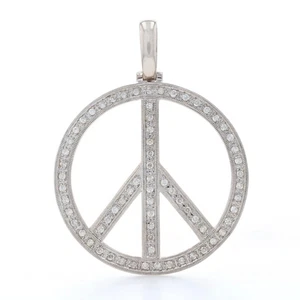 White Gold Diamond Peace Sign Pendant - 14k Round Cut 1.00ctw Symbol Milgrain - Picture 1 of 7
