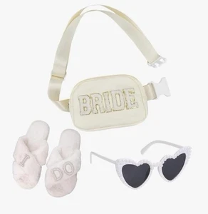 NEW 3pc Bridal Set with Bride Sling Bag Slippers & Pearl Heart Sunglasses Bride - Picture 1 of 3