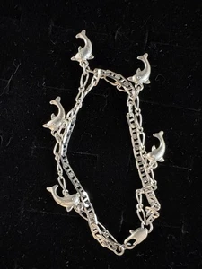 Vintage Sterlingsilber Armband springender Delfin Charm 3 mm Doppelkette 6 Zoll klein - Bild 1 von 10