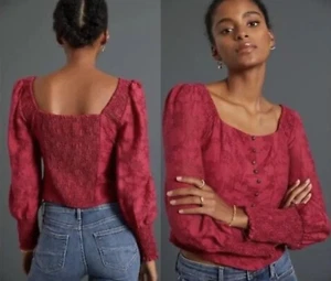 Anthropologie Womens M Shirt Top Sheer Puff Sleeve Smocked Corset Raspberry $120 - Picture 1 of 18
