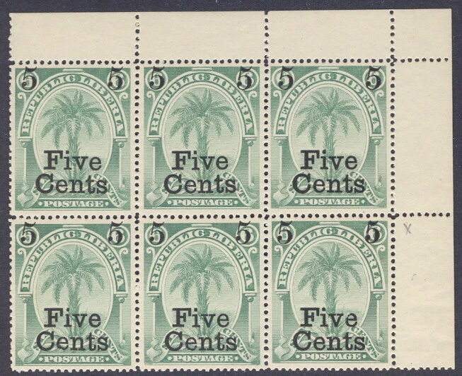 Liberia 1893, 5c on 6c palm tree, BLOCK(6) one "5" with SHORT flag, #50,50a - Image 1 of 1