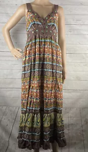 Pink Apple Maxi Dress Medium Brown Bohemian Floral Pattern Shimmery Gem Accents - Picture 1 of 12