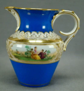 Late 19th Century Sevres Style Watteau Scene Blue & Gold Scrollwork Creamer - Picture 1 of 10