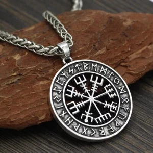 Norse Viking Rune Vegvisir Compass Pendant Necklace Chain Men's Jewelry Gift - Picture 1 of 7