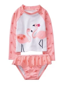 NWT Gymboree Girl Swim Shop White Flamingo Rash Guard Swimsuit Set 2T 3T 4T 5T - Picture 1 of 3
