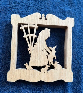 Girl with Her Bunnies ~ 3/4" Oak Hand Crafted ~ Wood ~ Wall Art ~ 6" x 6" - Picture 1 of 5