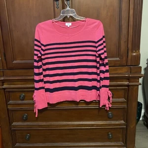 Barbie Core Pink Sweater With Black Stripes By Crown & Ivy Size Large - Picture 1 of 4