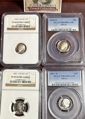 4 Certified Proof SILVER Dimes Below Cost! 1994, 98, 2001, 2007 S  SS1070 - Image 1 of 4