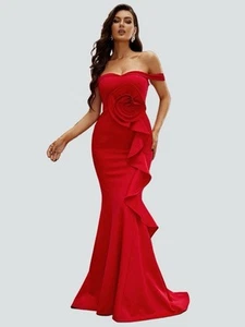 Missord Damen Sexy Schulterfrei Rüschen Abend Party Kleid Rot Größe Small - Bild 1 von 6