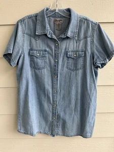 Wrangler Hemd Damen Large Blau Denim Western Pearl Snap Kurzarm Cowboy - Bild 1 von 13