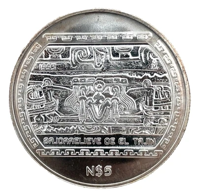 1993 Mo México 5 Nuevos Pesos 1 Oz .999 Silver Coin BAJORRELIEVE DE EL TAJIN - Image 1 of 4