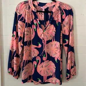 Lilly Pulitzer Silk Pink Flamingo Blouse Small - Picture 1 of 11