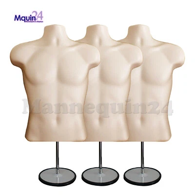 3 Pack MALE MANNEQUIN TORSOS FLESH +3 STANDS & 3 HANGING HOOKS- Men Dress Forms - Image 1 of 4