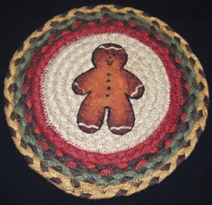 Christmas Gingerbread Man Round Braided Jute 10" Trivet-Dk Red/Olive Green/Brown - Picture 1 of 3