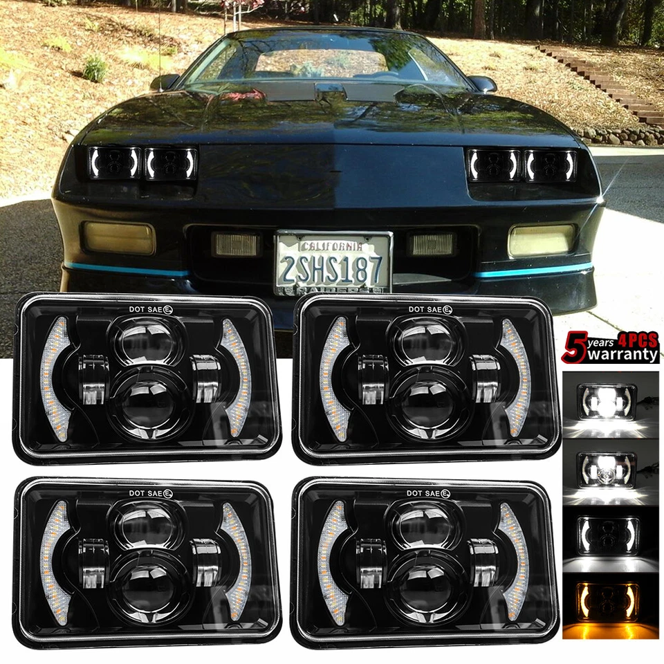 4PCS for Chevrolet Camaro Z28 Coupe 4x6" LED Headlights Hi-Lo Turn signal DRL H4 - Image 1 of 4
