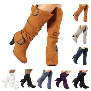 Women's Fashion Low Heel Zipper Slouchy Mid-Calf Boots Shoes - Picture 1 of 32