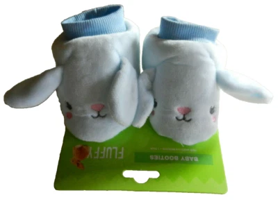 Happy Go Fluffy Blue Baby Booties Bunny Slippers Size 0-6 Months Boy - Image 1 of 3