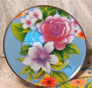 Mackenzie Childs 8" Enamel Blue Flower Market Dessert Salad Plates Enamel