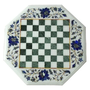 15" White Marble Chess Table Top Lapis Lazuli Inlay Work floral Art Home Decor - Picture 1 of 3