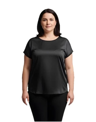Maggie Barnes Top Blouse Black Silky Short Sleeve Size 1X Round Neck NWT - Image 1 of 4