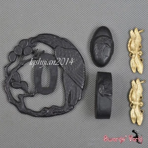 Stainless Steel TSUBA SET Hand guard Kashira Fuchi Brass Menuki Sword Accessary - Picture 1 of 3