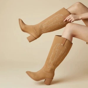 VIVAIA Nutmeg Women Pointed-Toe Western Knee-High Boots with Embroidered Design - Picture 1 of 12