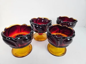 Vintage 4er Set Indiana Glas Sonnenuntergang Blatt Amberina Kerzenhalter mit Fuß MCM - Bild 1 von 10