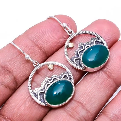 Green Onyx Handmade 925 Sterling Silver Earring 1.37" E92811807, Christmas Gift - Image 1 of 4